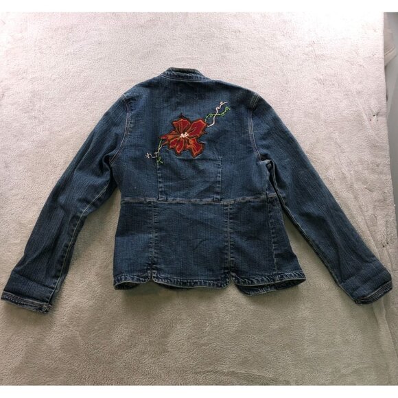Live A Little Women's Jean Jacket Medium Petite Embroidered Floral Boho Y2K - Picture 13 of 14